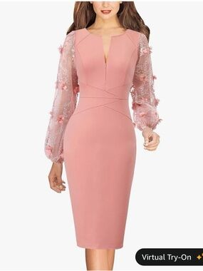 Elegant Pink Sheath Dress with Embroidered Mesh Sleeves